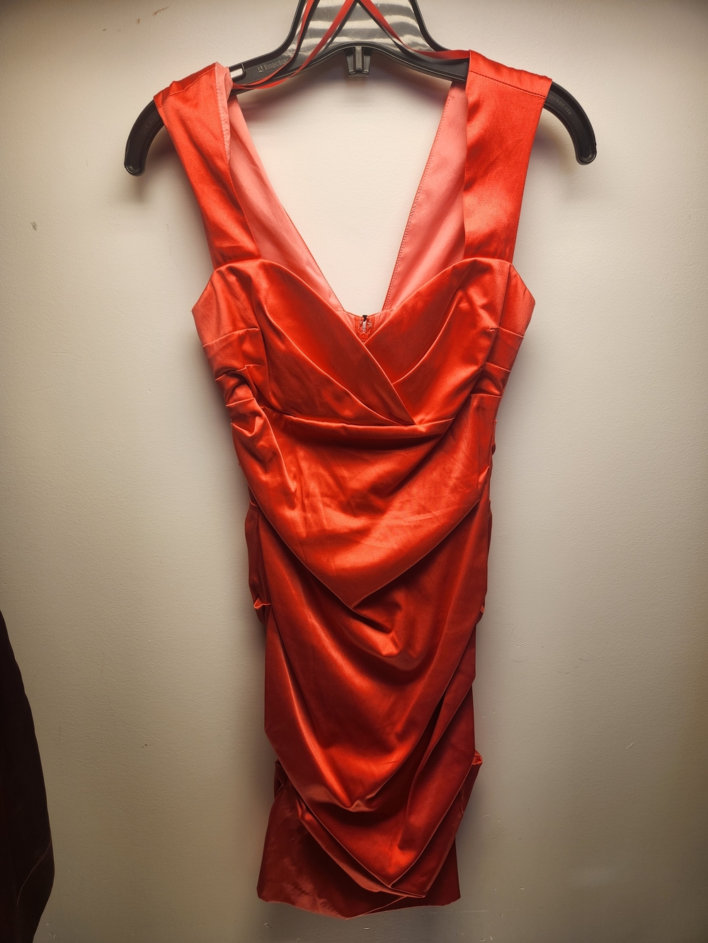 BARBIE PINK Satin Draped Heart Shaped Neckline Midi Dress - Spring 2014 Line